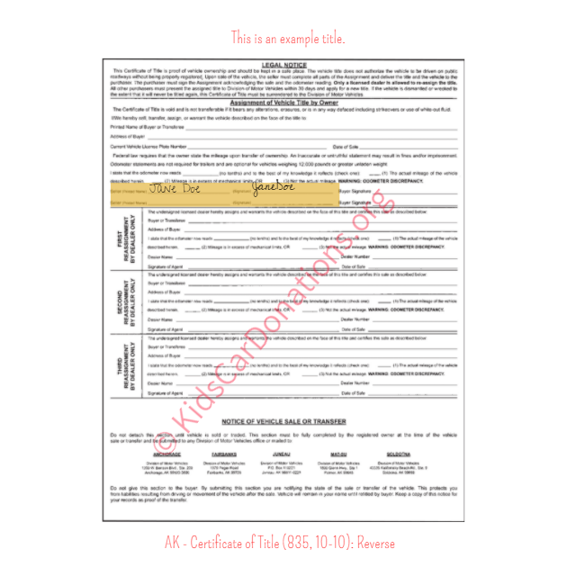 Alaska Certificate of Title (835, 10-10): Reverse | Kids Car Donations